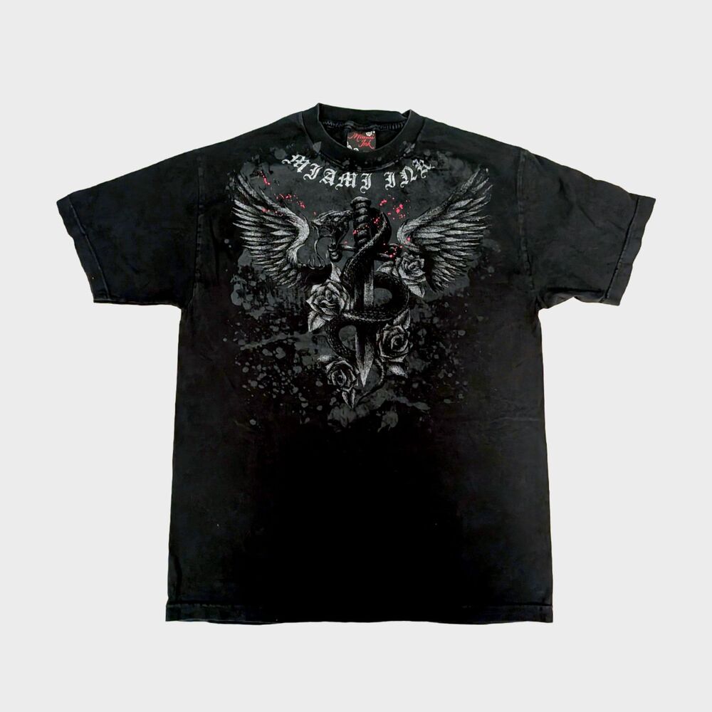 Vintage Miami Ink T-shirt Men's M Y2K Streetwear Tattoo Snake Grunge Black Roses